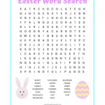 Easter word search with 20 easter-related words and a bunny and easter egg graphics.