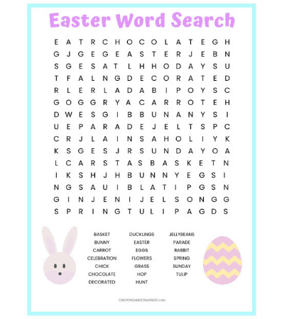 Easter word search with 20 easter-related words and a bunny and easter egg graphics.