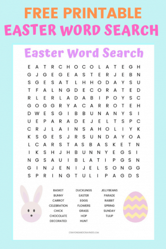 Easter Word Search printable worksheet with 20 Easter themed vocabulary words to find. Perfect for Easter activity for kids in the classroom or at home.