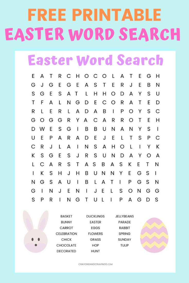 Easter Word Search printable worksheet with 20 Easter themed vocabulary words to find. Perfect for Easter activity for kids in the classroom or at home.