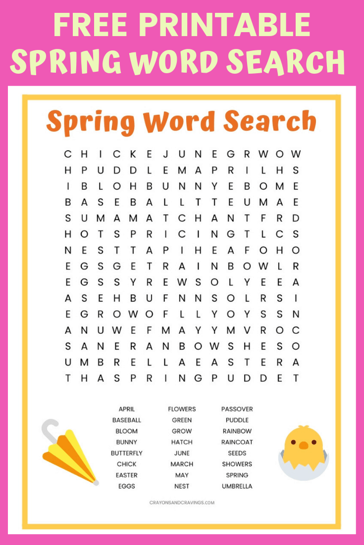 Free Printable Spring word search with graphics of an umbrella and baby chick hatching from an egg.