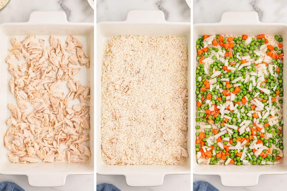 Shredded chicken, minute rice, and veggies added to 9 x 13 casserole dish.