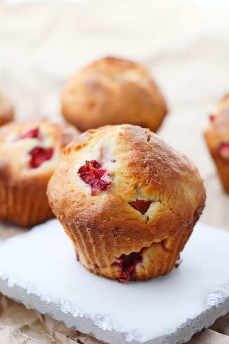 A sweet and fluffy homemade strawberry muffins recipe, made from scratch using fresh strawberries.