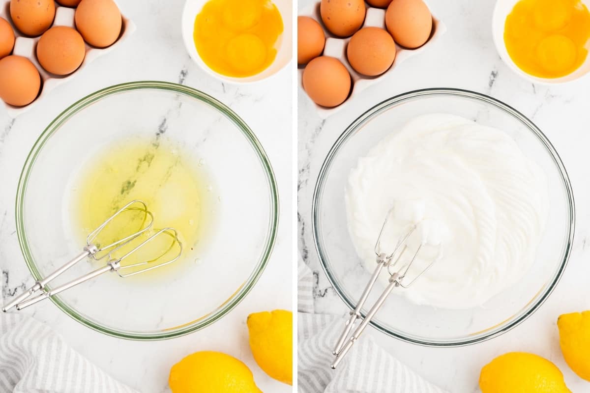 Egg whites before and after being beaten to stiff peaks.