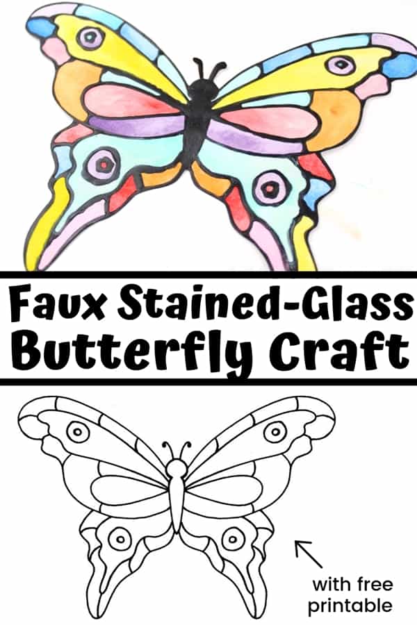 How to make a faux stained-glass butterfly craft using cardstock, glue, watercolors, and the provided printable butterfly template.