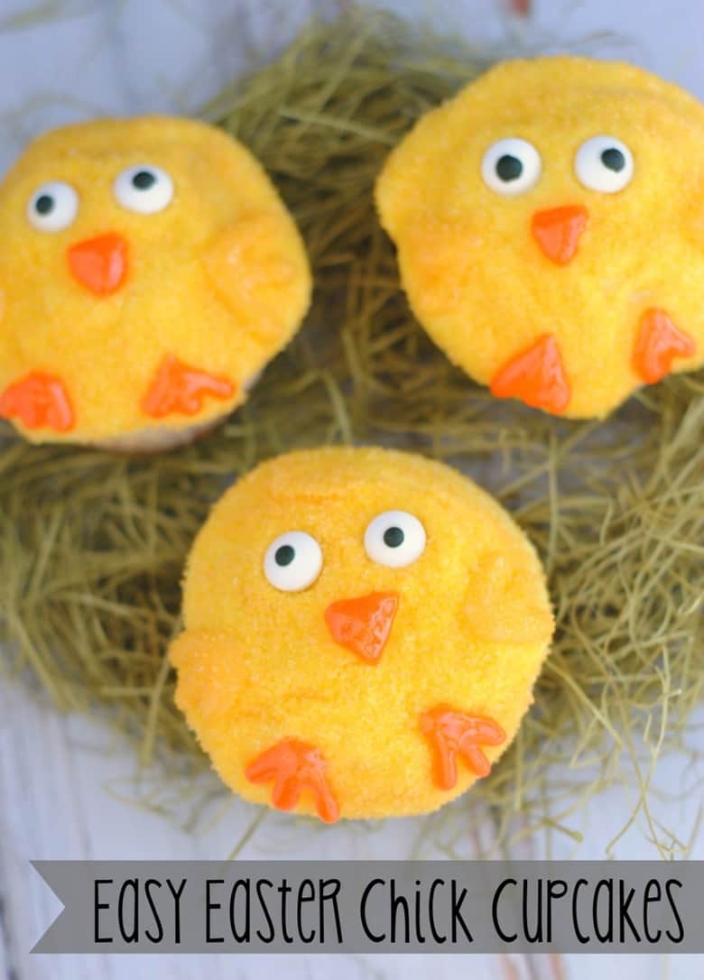 Easter Chick Cupcakes with candy eyes.