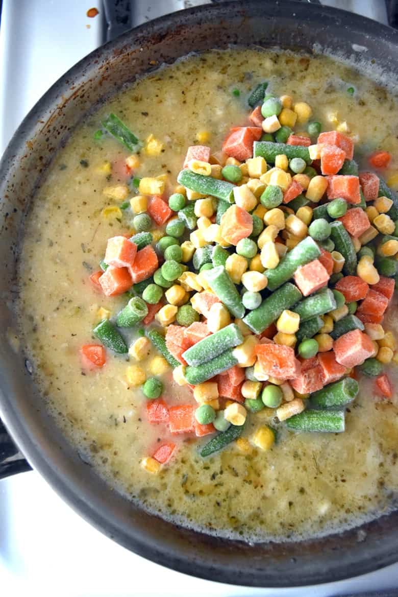 Frozen Veggies and soup in Skillet