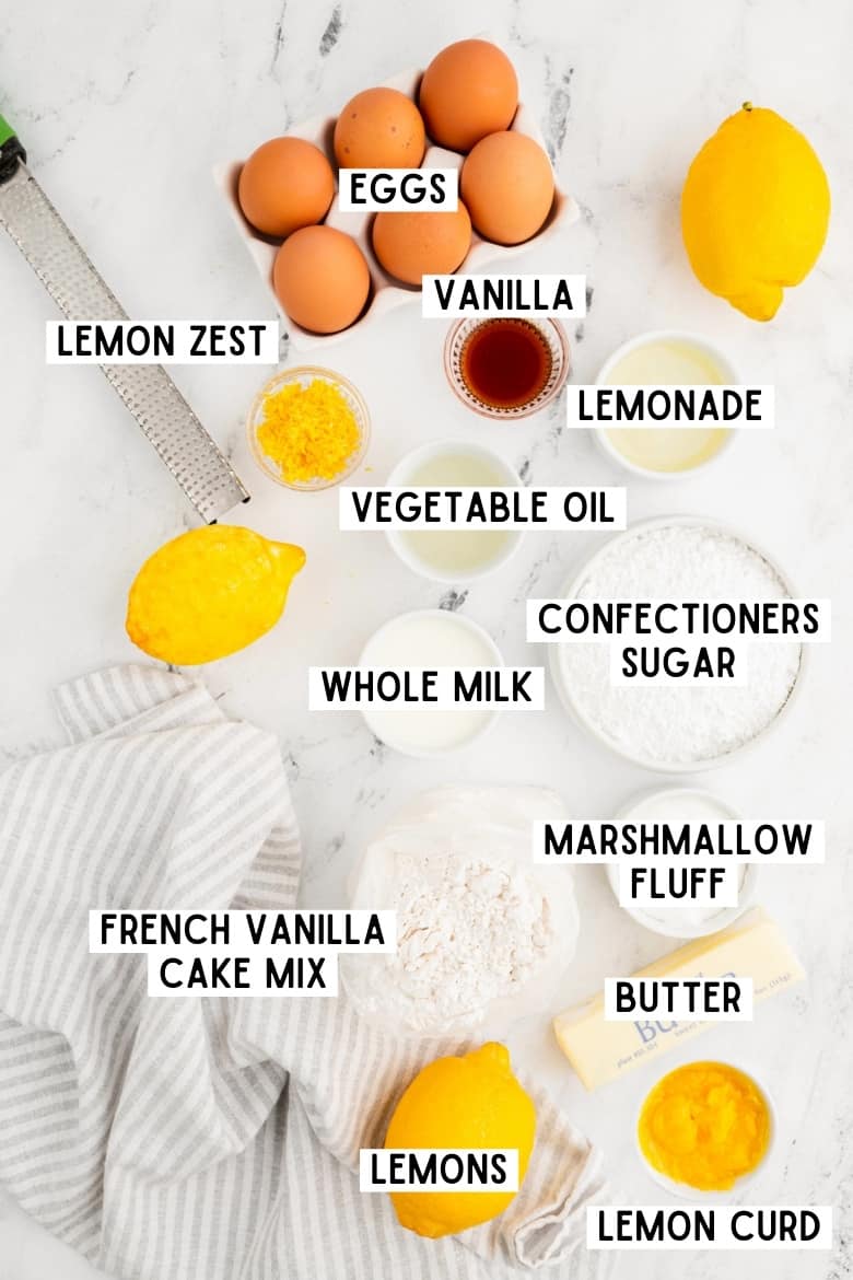 Ingredients for Lemon Layer Cake with Marshmallow Frosting and Lemon Curd Filling