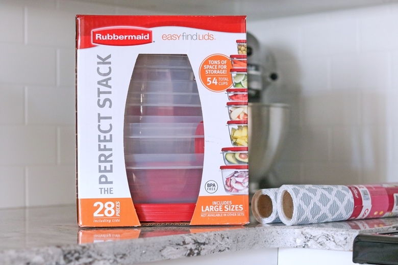 Rubbermaid Easy Find Lids Containers and Contact Paper on countertop