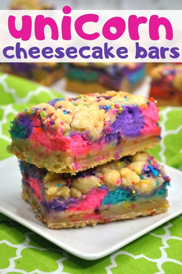 These unicorn bars are a delicious mix between sugar cookies and cheesecake -- and they are decorated to give them a magical unicorn look.