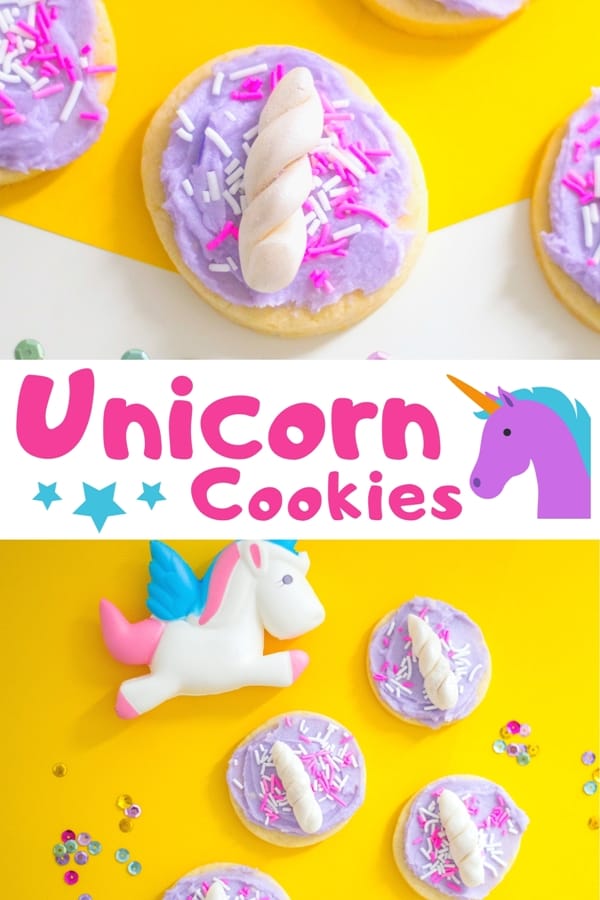 Unicorn cookies -- complete with purple frosting, a unicorn horn, and sprinkles -- make a truly magical dessert for your unicorn party!