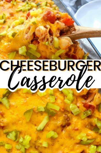 A hearty and family-friendly 40-minute cheeseburger casserole recipe made with ground beef, macaroni, cheddar cheese, onions, tomatoes, and dill pickles.