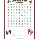 Cinco de Mayo word search printable worksheet with 18 words to find. A fun Cinco de Mayo activity for the kids in the classroom or at home.