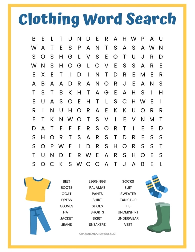 A free clothing word search printable with 24 words for different types of clothes to find such as shirt, dress, shoes, jacket, and shoes. 