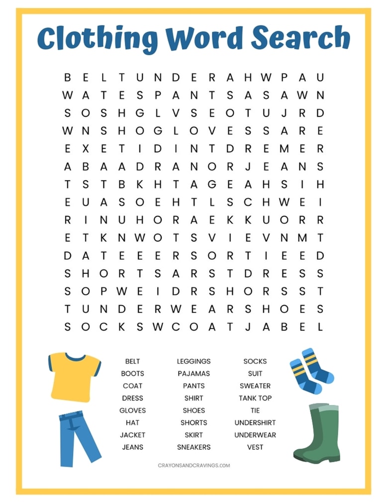 clothing word search free printable