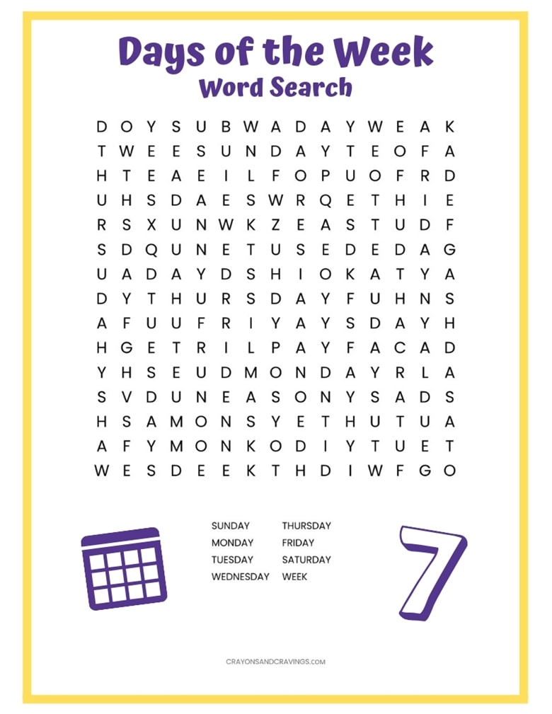 A days of the week word search puzzle printable to help reinforce the spelling of the days of the week.