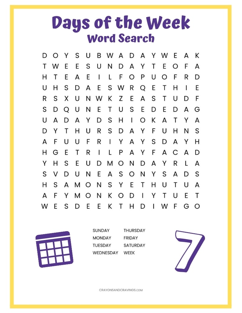 days of the week word search free printable word search for kids