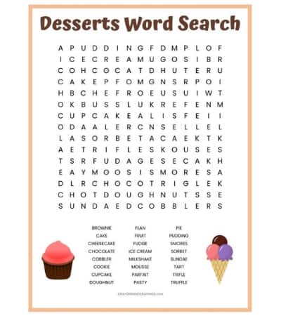 A fun desserts word search printable with 24 tasty desserts to find.