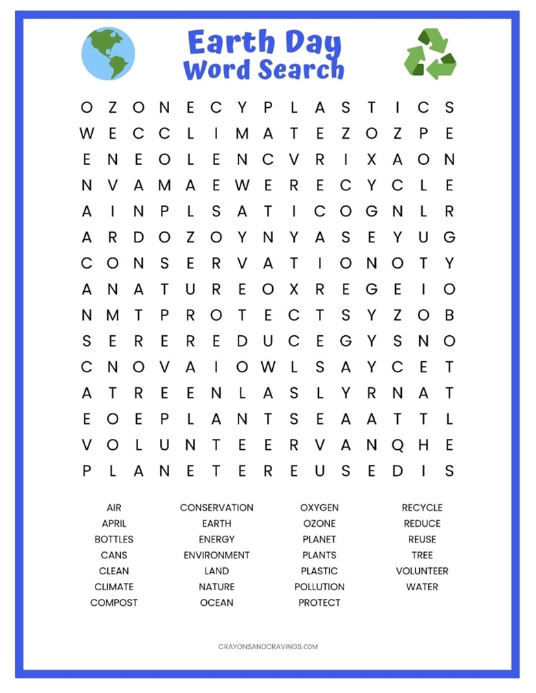 Earth Day Word Search FREE Printable Worksheet