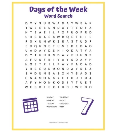 This days of the week word search has 8 words to find -- the 7 days plus the word week