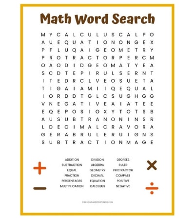 A free math word search printable with 18 math terms to find, including: decimal, algebra, multiplication, fraction, and addition.