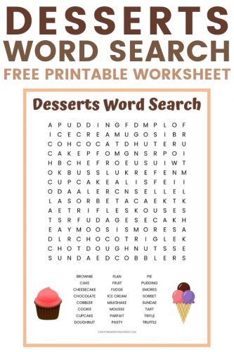 A fun desserts word search printable with 24 tasty desserts to find. This word find puzzle is great for kids, but challenging enough for adults to enjoy as well.