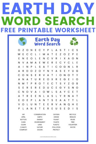 Earth Day Word Search printable worksheet with 27 Earth Day themed vocabulary words to find. A fun Earth Day activity for the kids in the classroom or at home.