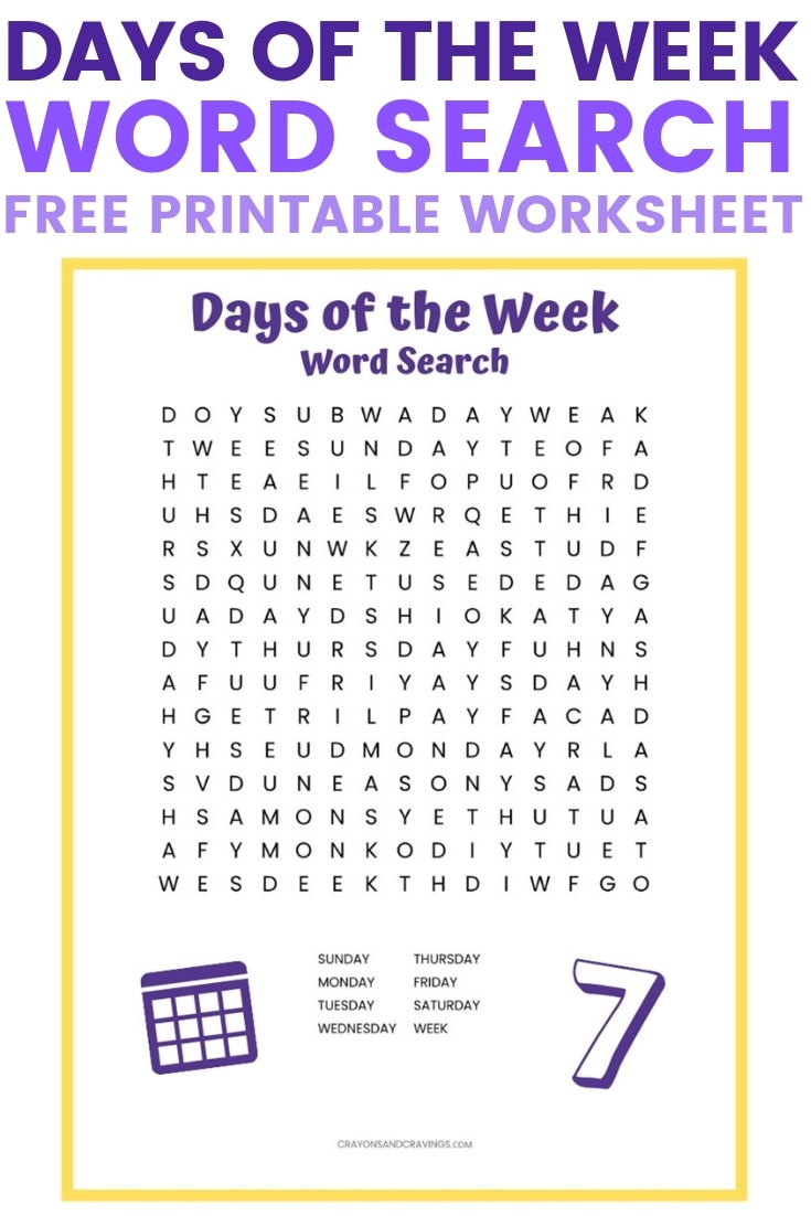 days of the week word search free printable word search