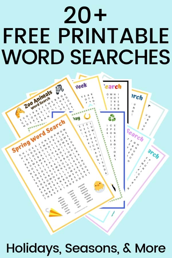 Huge list of 20+ free printable word searches you can download, including seasonal, holiday, and many more topics of word search printable puzzles.