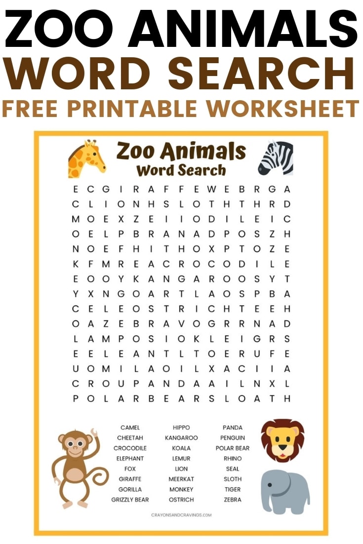 Zoo animals word search free printable for kids with 24 zoo animals to find including elephant, tiger, lion, kangaroo, and gorilla.