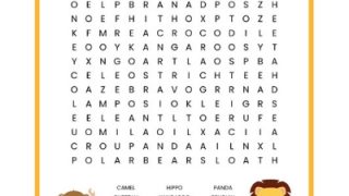 Zoo animal word search free printable for kids with 24 zoo animals to find including elephant, tiger, lion, kangaroo, and gorilla.