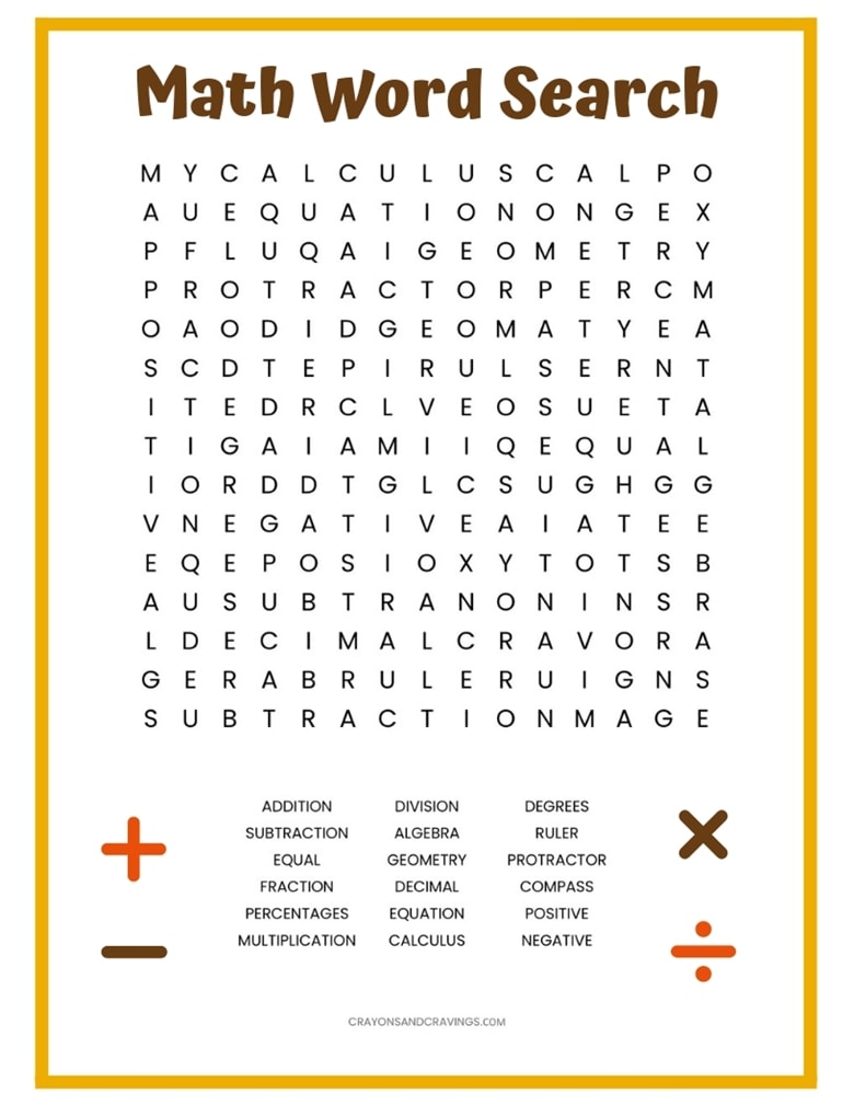 A free math word search printable with 18 math terms to find, including: decimal, algebra, multiplication, fraction, and addition.