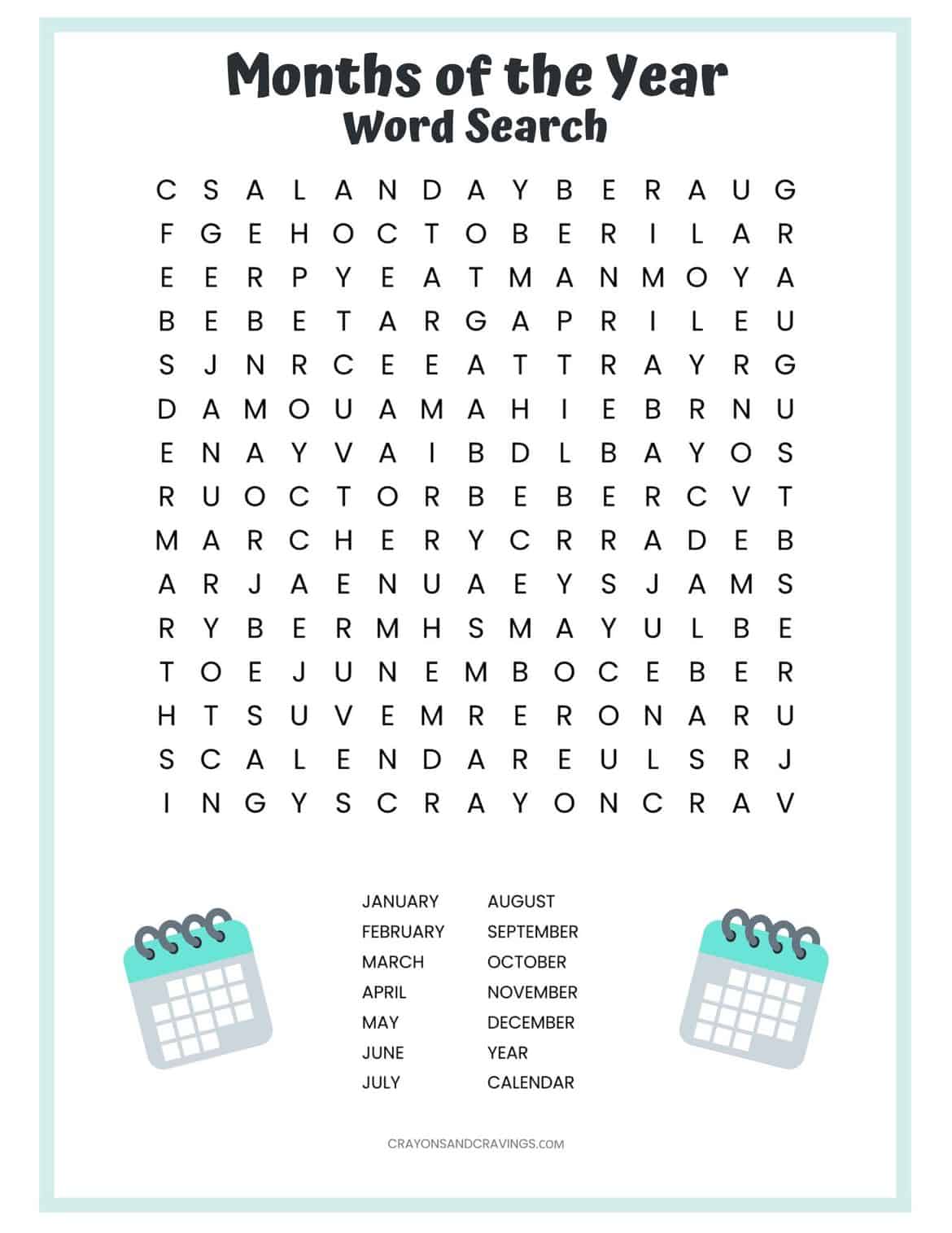 Months of the Year Word Search Free Printable