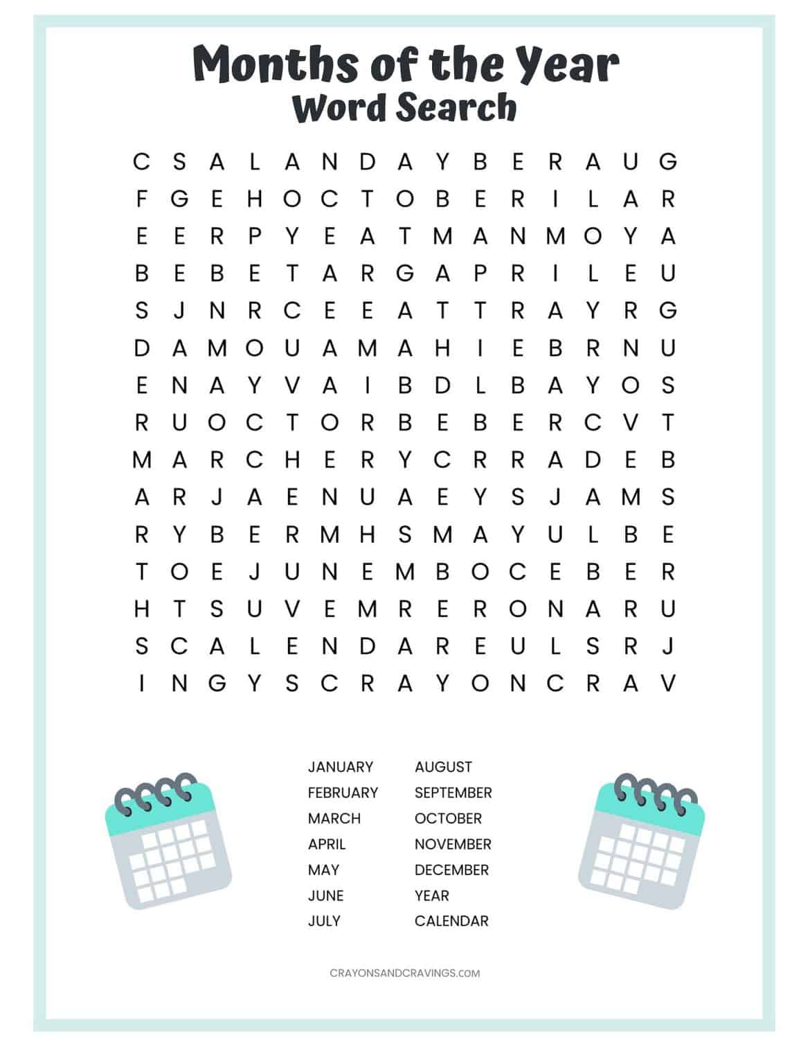 Months of the Year Word Search Free Printable for Kids