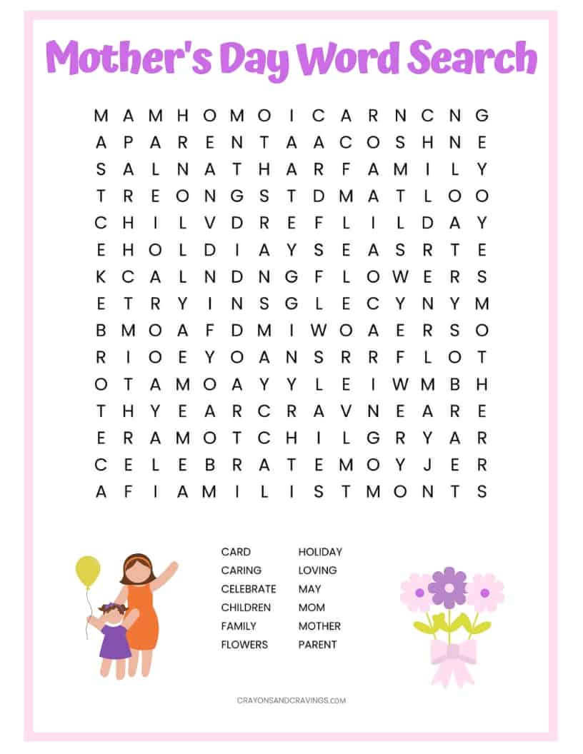 Mother's Day Word Search printable worksheet with 12 Mother's Day themed vocabulary words to find. A fun activity for the kids in the classroom or at home.