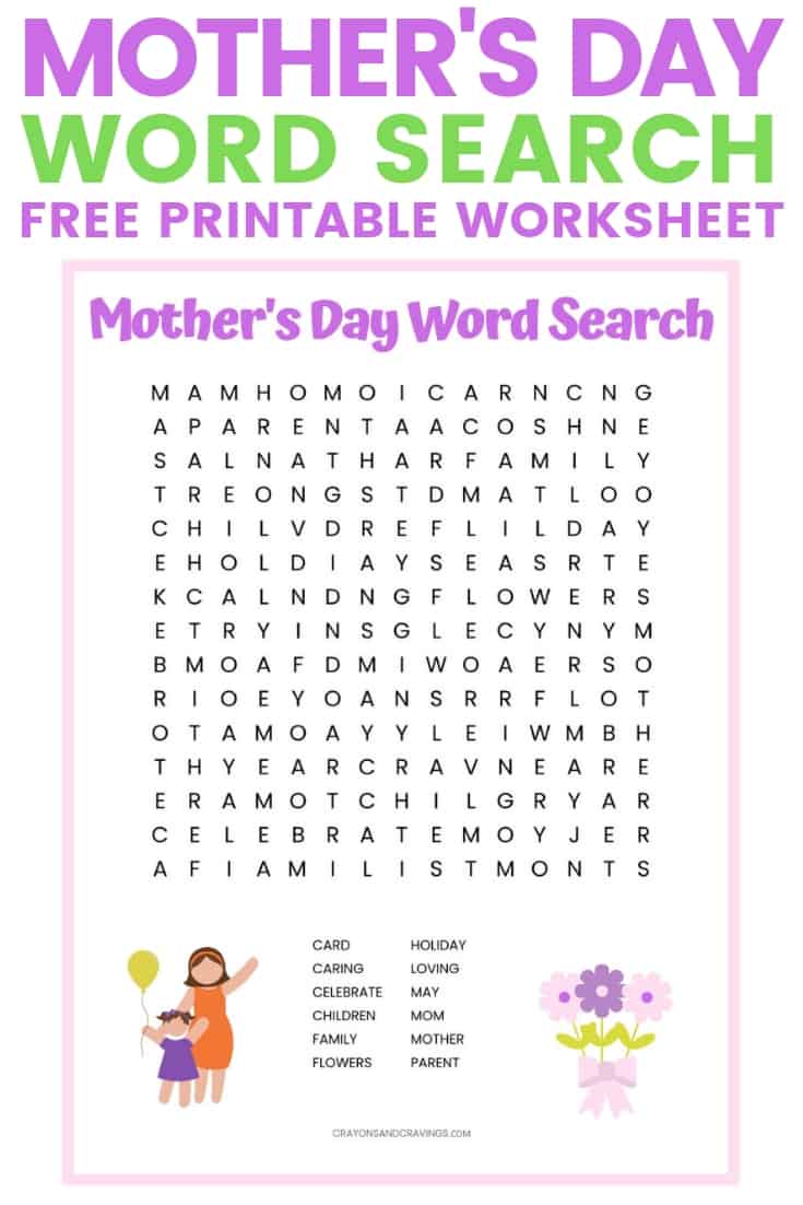 Mother's Day printable worksheet with 12 Mother's Day themed words to find. 