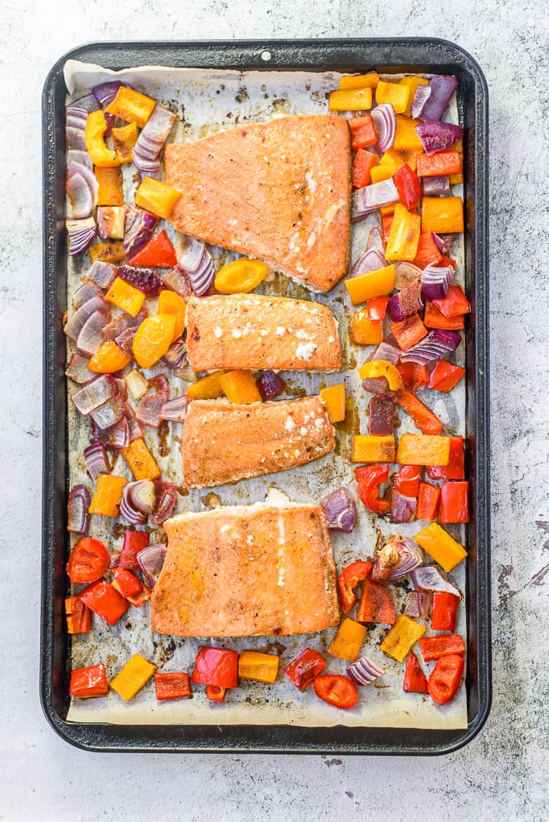 Chili lime salmon and veggies on sheet pan