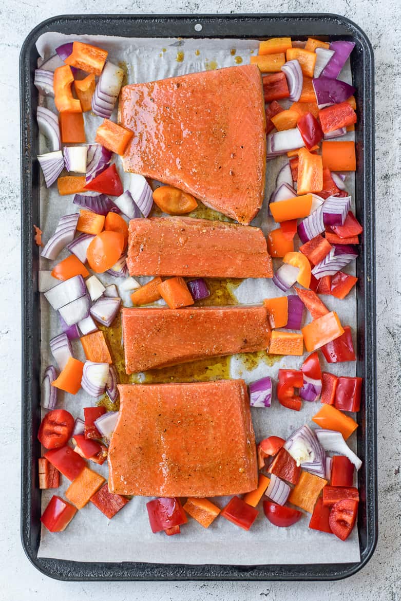 This sheet pan chili lime salmon dinner is on the table in under 30 minutes -- perfect for busy weeknights.