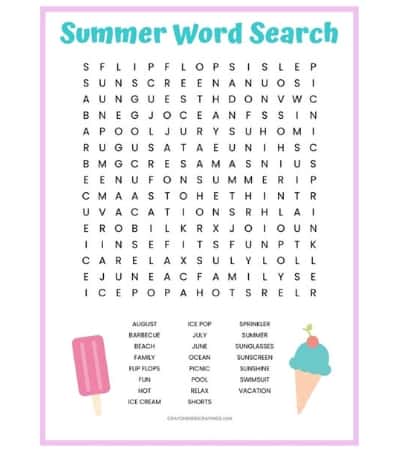 Free Summer word search printable worksheet with 23 Summer themed vocabulary words. Perfect for the classroom or as a fun seasonal activity at home.