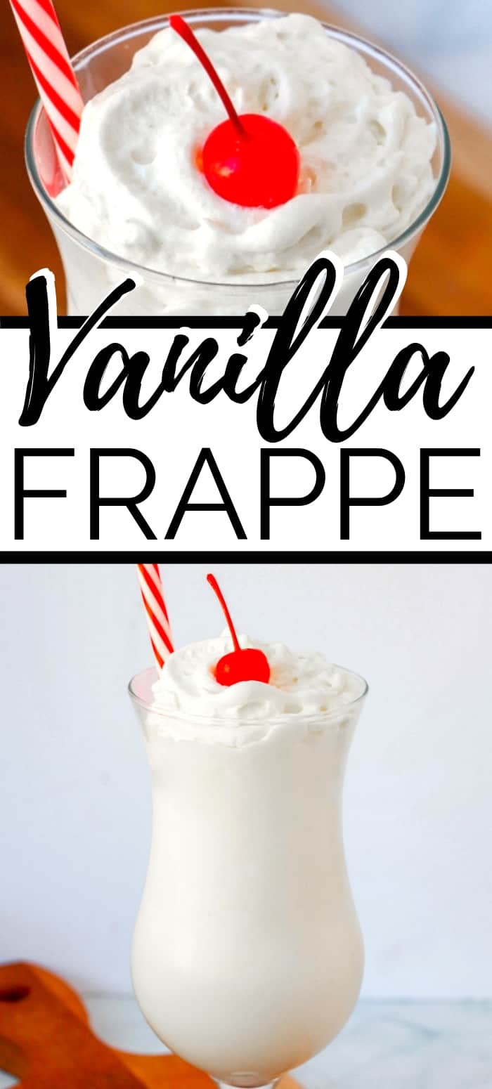 Two images of the vanilla frappe in a glass with a cherry and straw coming out of the top.