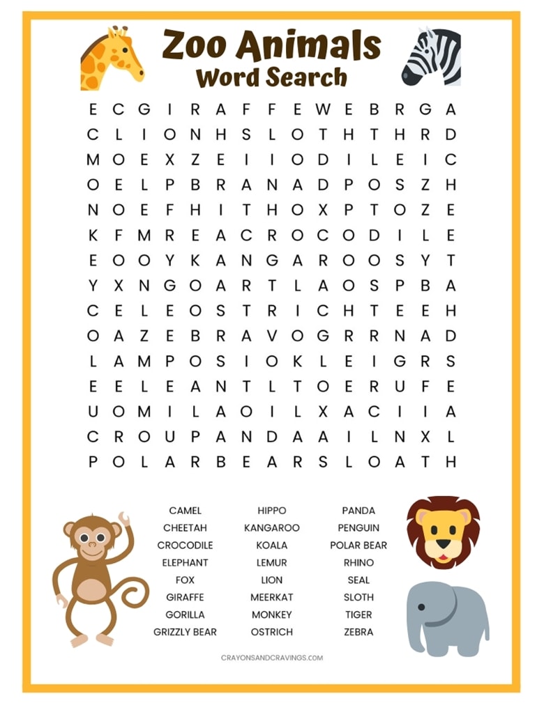 Zoo animals word search free printable for kids with 24 zoo animals to find including elephant, tiger, lion, kangaroo, and gorilla.