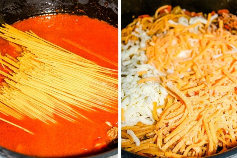 Spaghetti and cheese being added to pot
