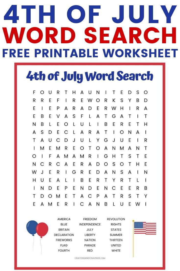 4th of July Word Search Free Printable Worksheet.