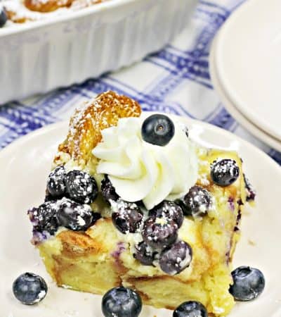 A slice of Blueberry Croissant Breakfast Casserole