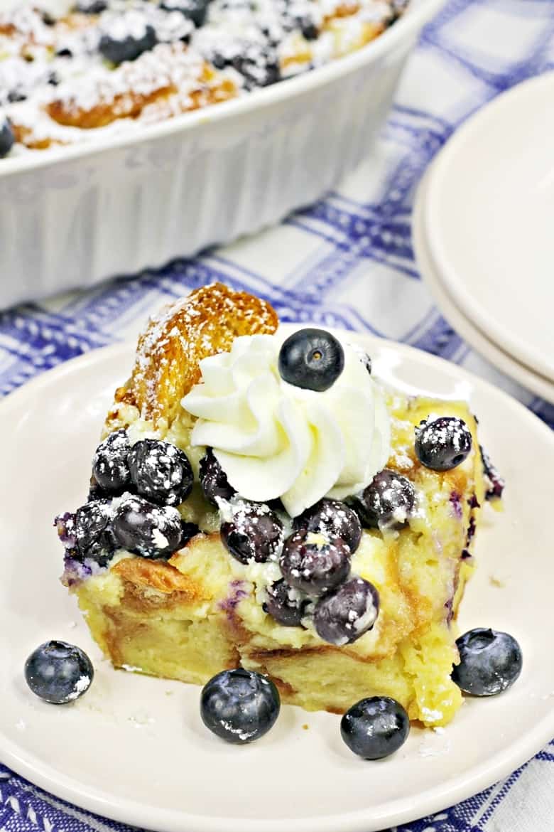 A slice of Blueberry Croissant Breakfast Casserole