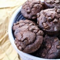 Double chocolate muffins in woven bowl