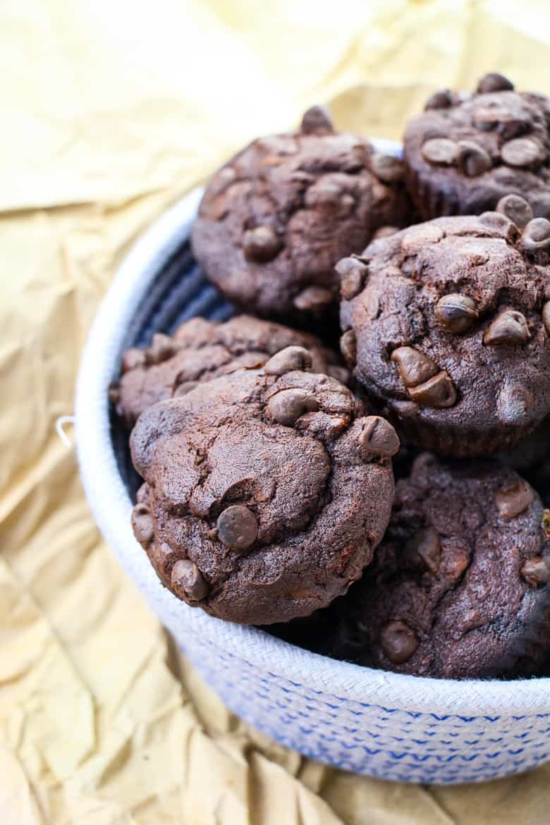 Double chocolate banana muffins in woven bowl.