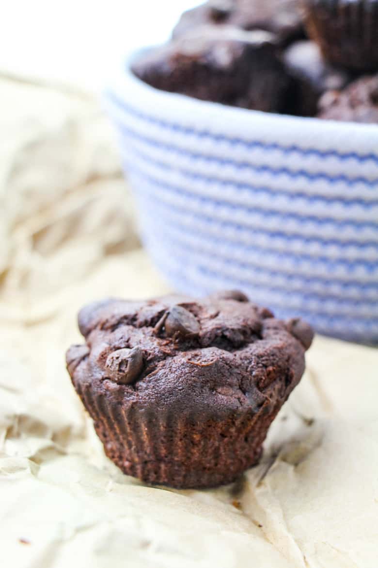 A single double chocolate chip muffin next to bowl of muffins.