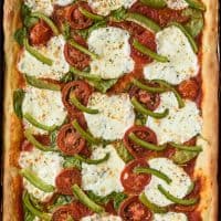 Sheet Pan Pizza with spinach, mozzarella, and peppers