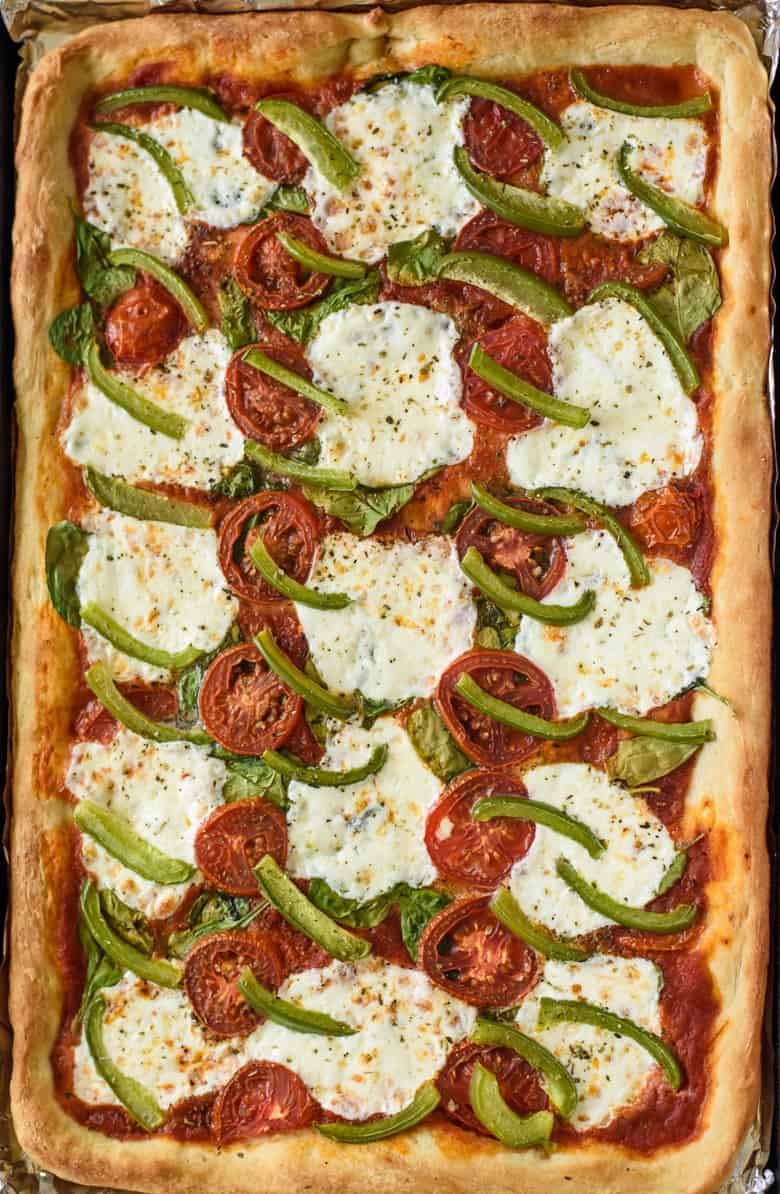 Sheet Pan Pizza with spinach, mozzarella, and peppers